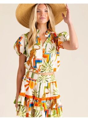 Alden Adair Tropical Printed Crop Top in Cream, Green & Orange